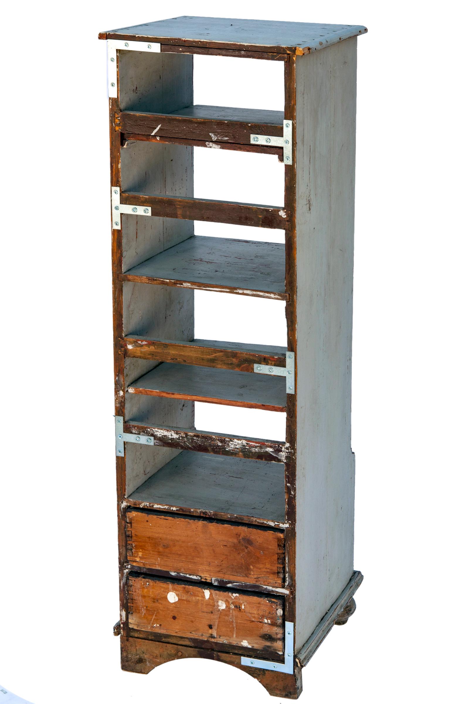 Hand-Crafted Shabby Gray Hardwood Standing Shelves w Two Lower Drawers For Sale