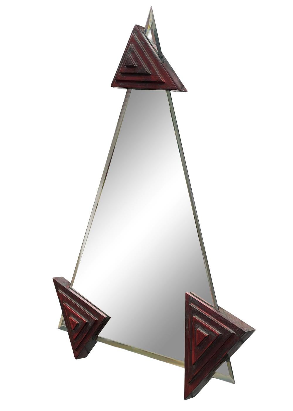 Funky Midcentury Italian Post Modern Triangular Wall Mirror in Art Deco Form In Good Condition In Philadelphia, PA