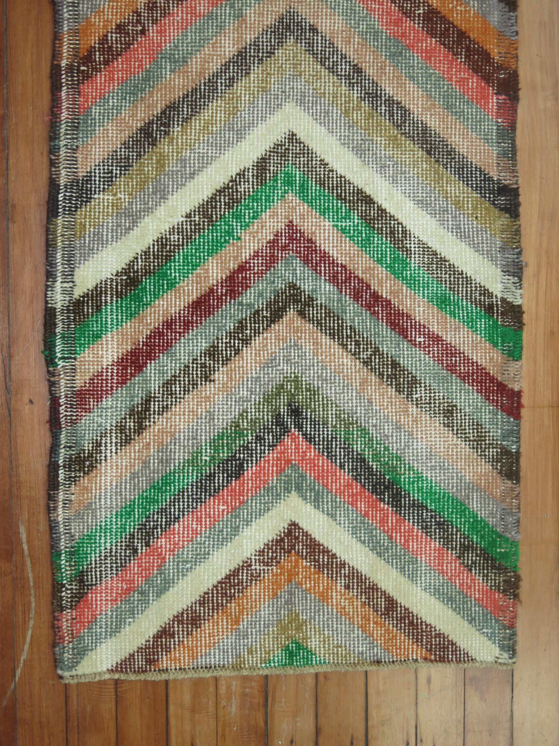 Hand-Knotted Funky Mid-Century Modern Turkish Deco Runner For Sale