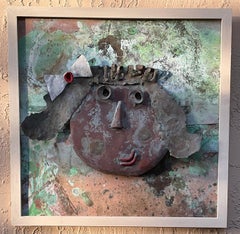 Funky Mixed-Media Copper & Brass 3D Relief Face Sculpture – Framed Wall Art