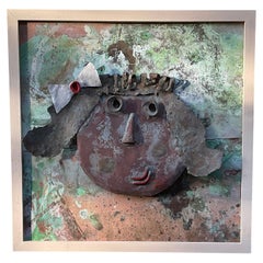 Funky Mixed-Media Copper & Brass 3D Relief Face Sculpture – Framed Wall Art