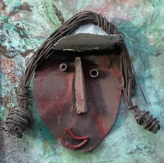 Funky Mixed Media Metal Face Sculpture Copper & Brass Brutalist Wall Art