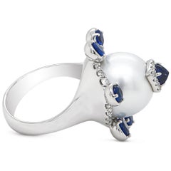 Funky No Heat Sapphire Crowned On 13.4 mm South Sea pearl 18K Designer Ring