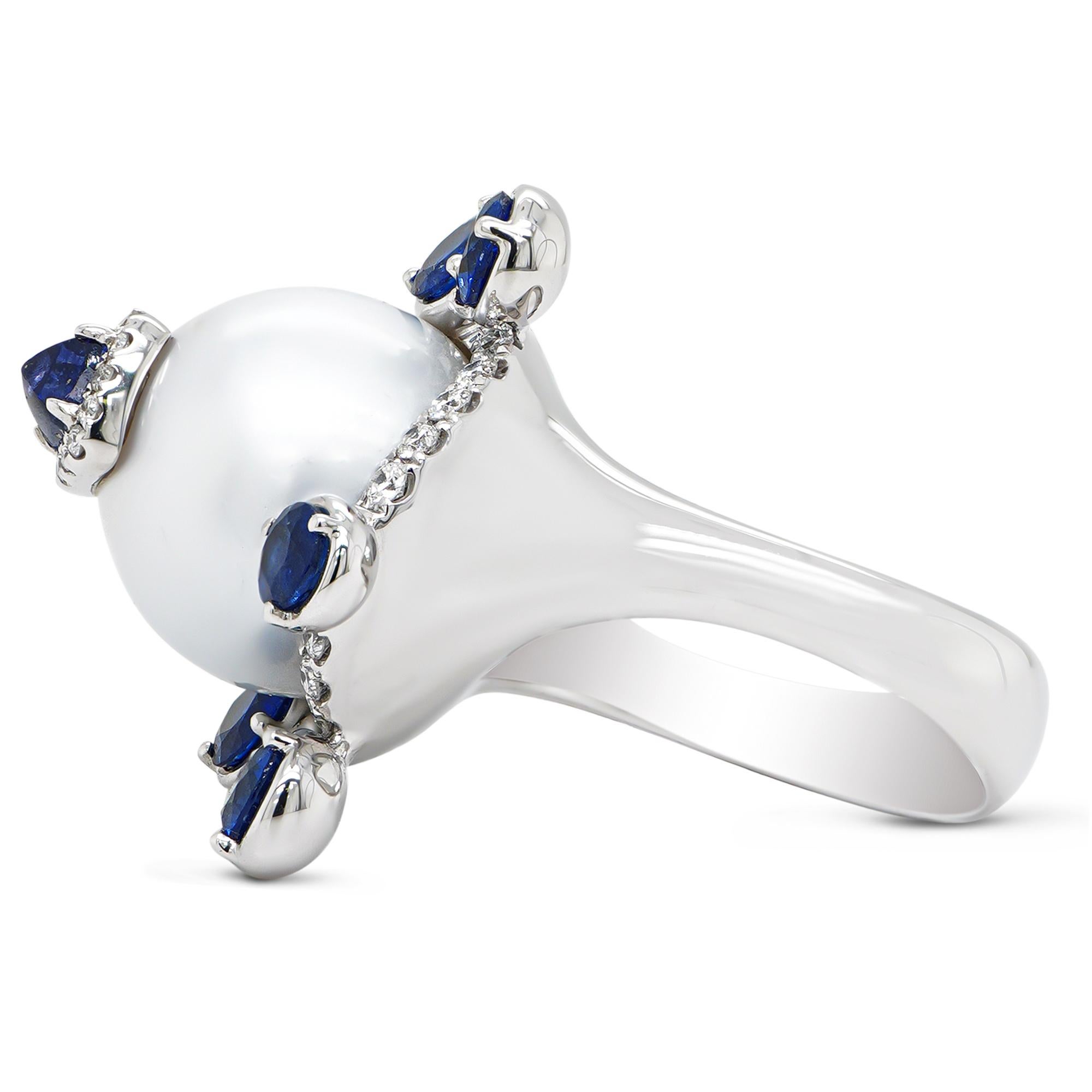 Round Cut Funky No Heat Sapphire Crowned On 13.4 mm South Sea pearl 18K Designer Ring For Sale