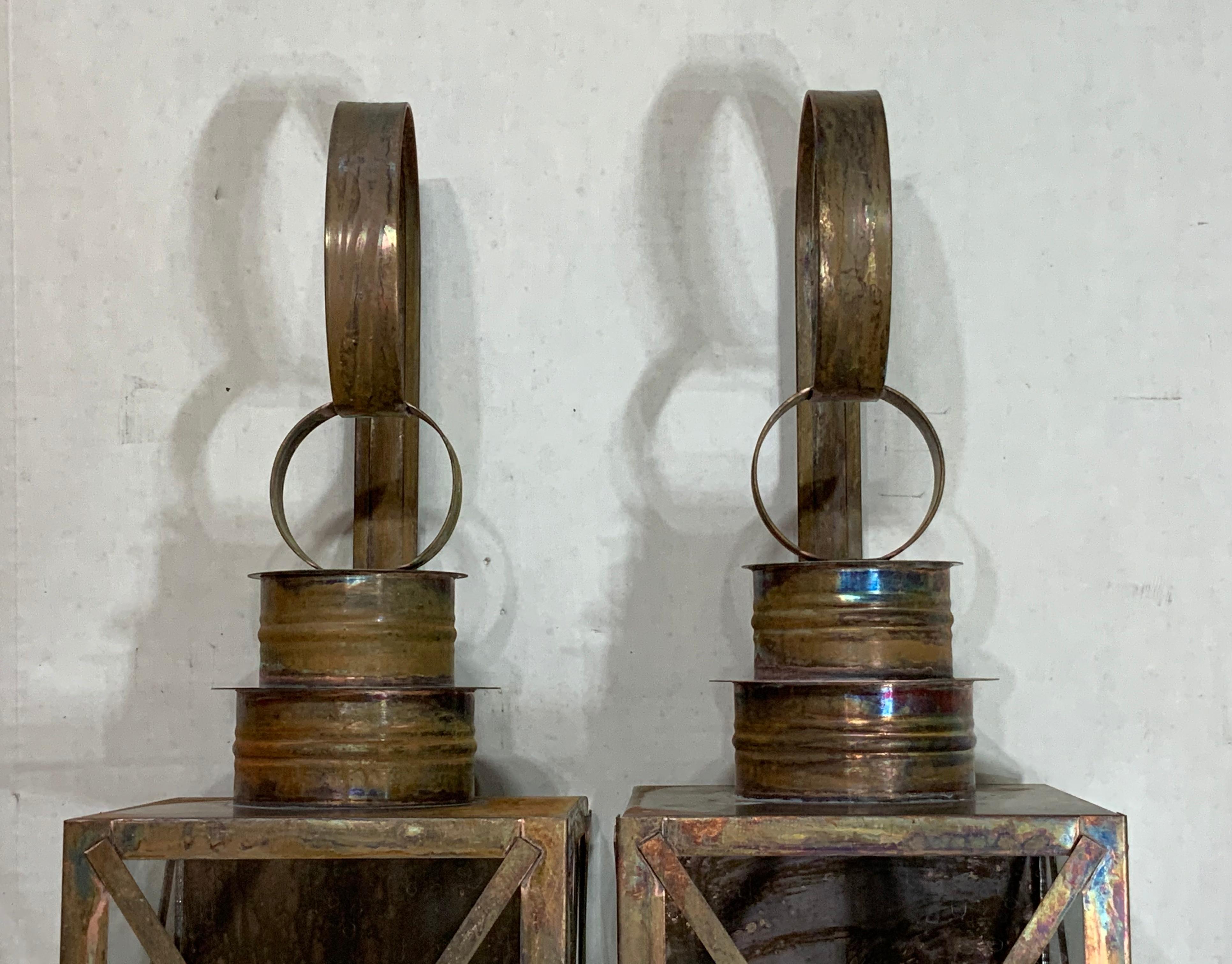 Funky Pair of Solid Copper Wall Lantern In Good Condition In Delray Beach, FL