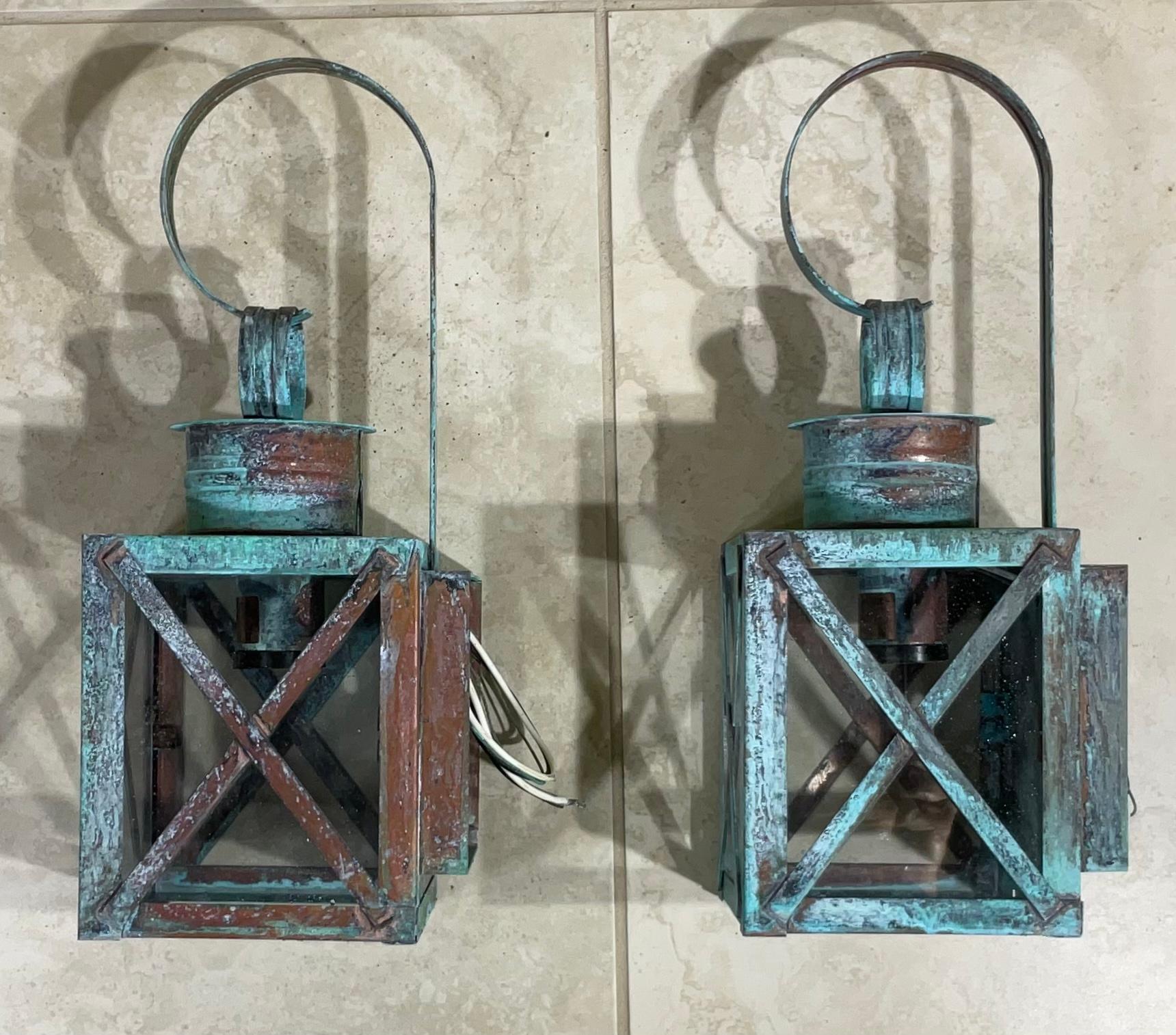 Hand-Crafted Funky Pair of Solid Copper Wall Lantern For Sale