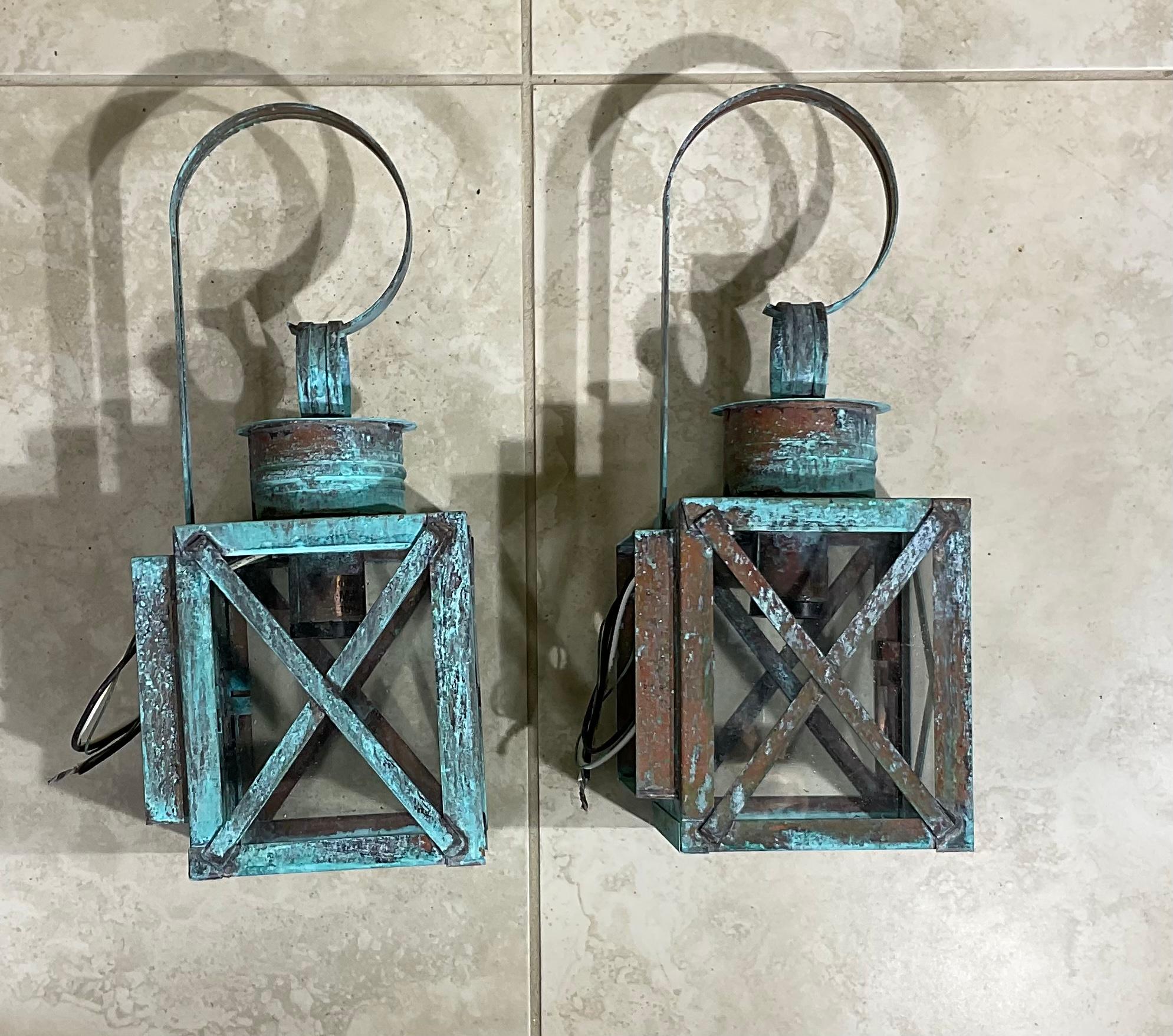 Funky Pair of Solid Copper Wall Lantern In Good Condition For Sale In Delray Beach, FL