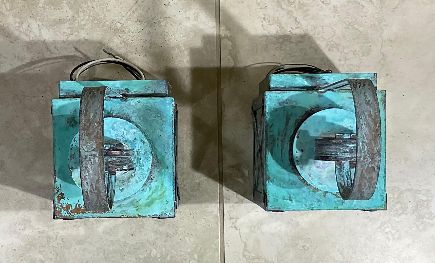 Funky Pair of Solid Copper Wall Lantern For Sale 2