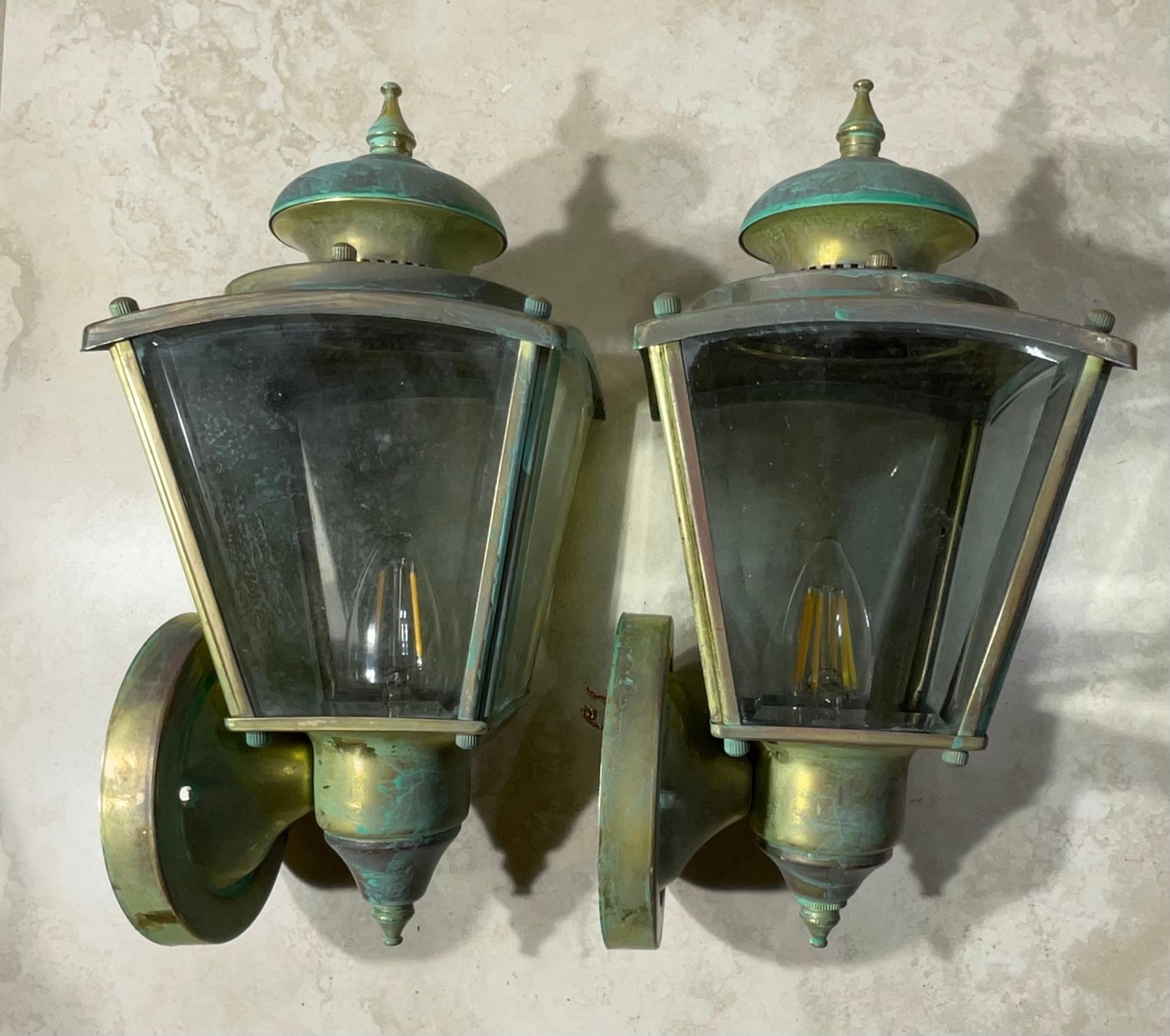 Funky Pair of Vintage Solid Brass Wall Lanterns 5”.75 x 5”.75 x 11”.75 High For Sale 4