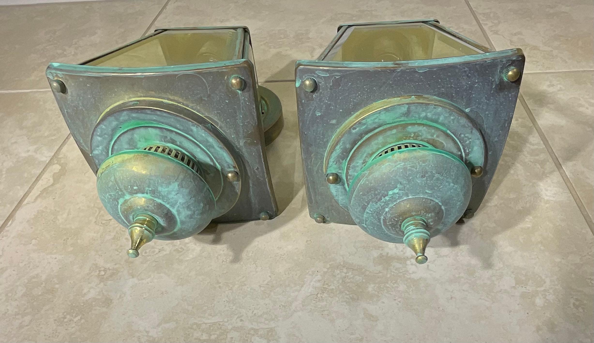 Funky Pair of Vintage Solid Brass Wall Lanterns 5”.75 x 5”.75 x 11”.75 High For Sale 6