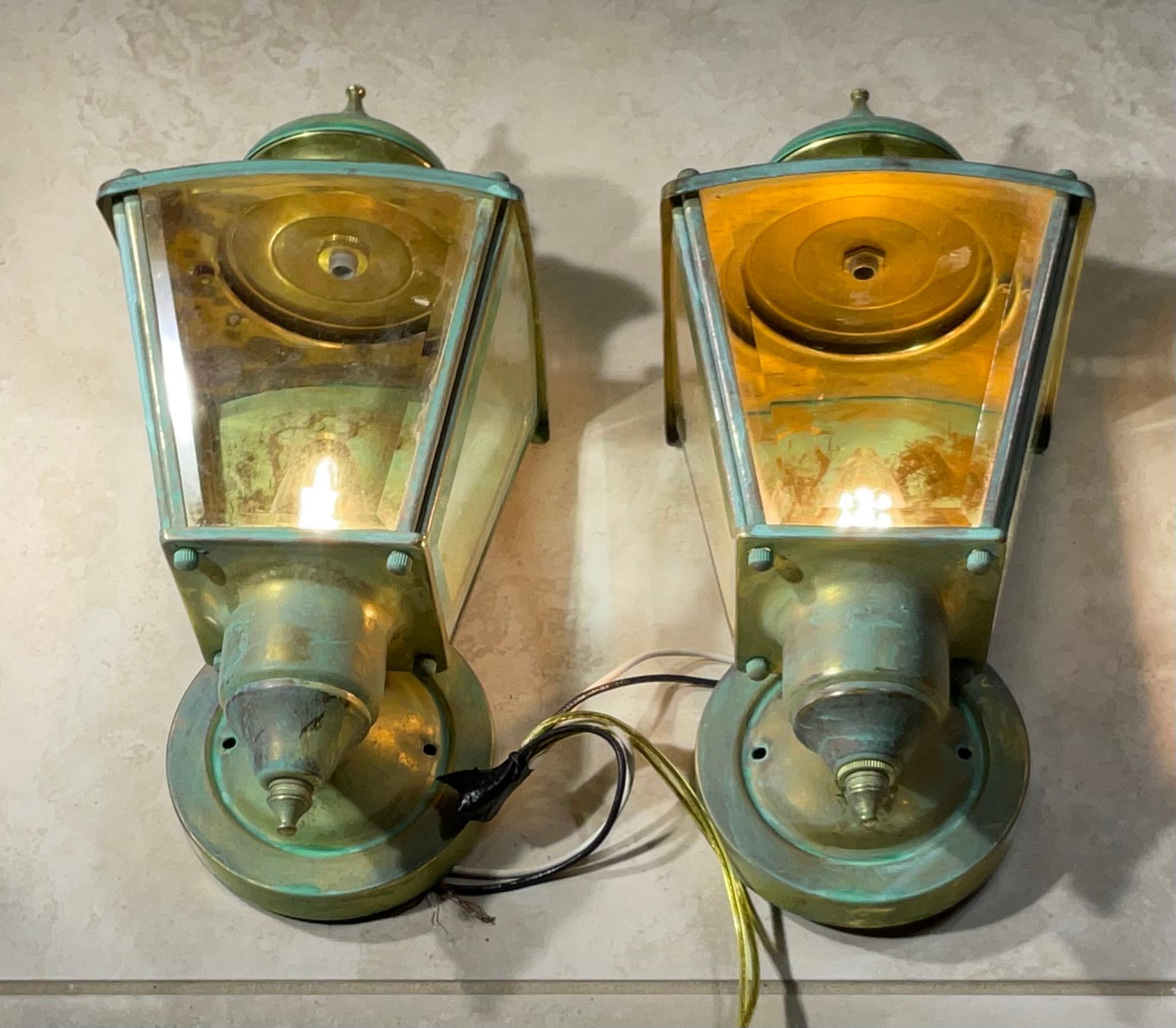 Hand-Crafted Funky Pair of Vintage Solid Brass Wall Lanterns 5”.75 x 5”.75 x 11”.75 High For Sale