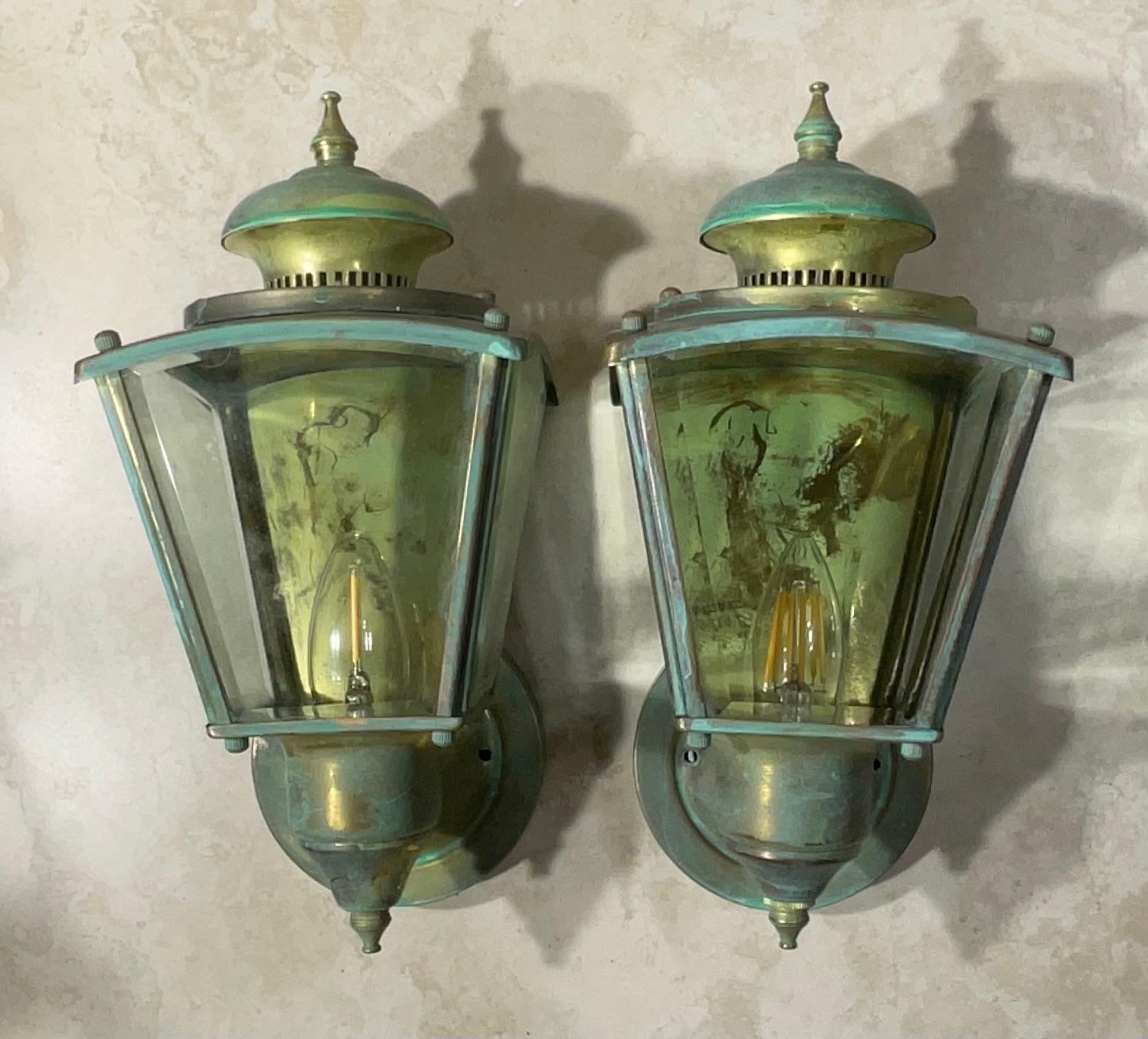 20th Century Funky Pair of Vintage Solid Brass Wall Lanterns 5”.75 x 5”.75 x 11”.75 High For Sale