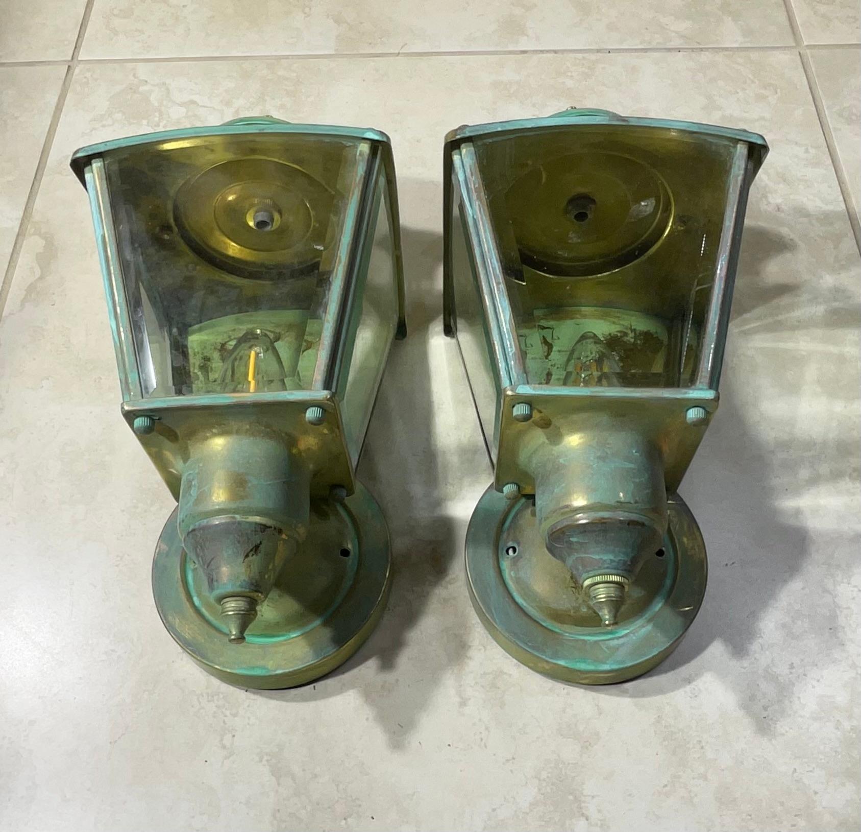 Funky Pair of Vintage Solid Brass Wall Lanterns 5”.75 x 5”.75 x 11”.75 High For Sale 1