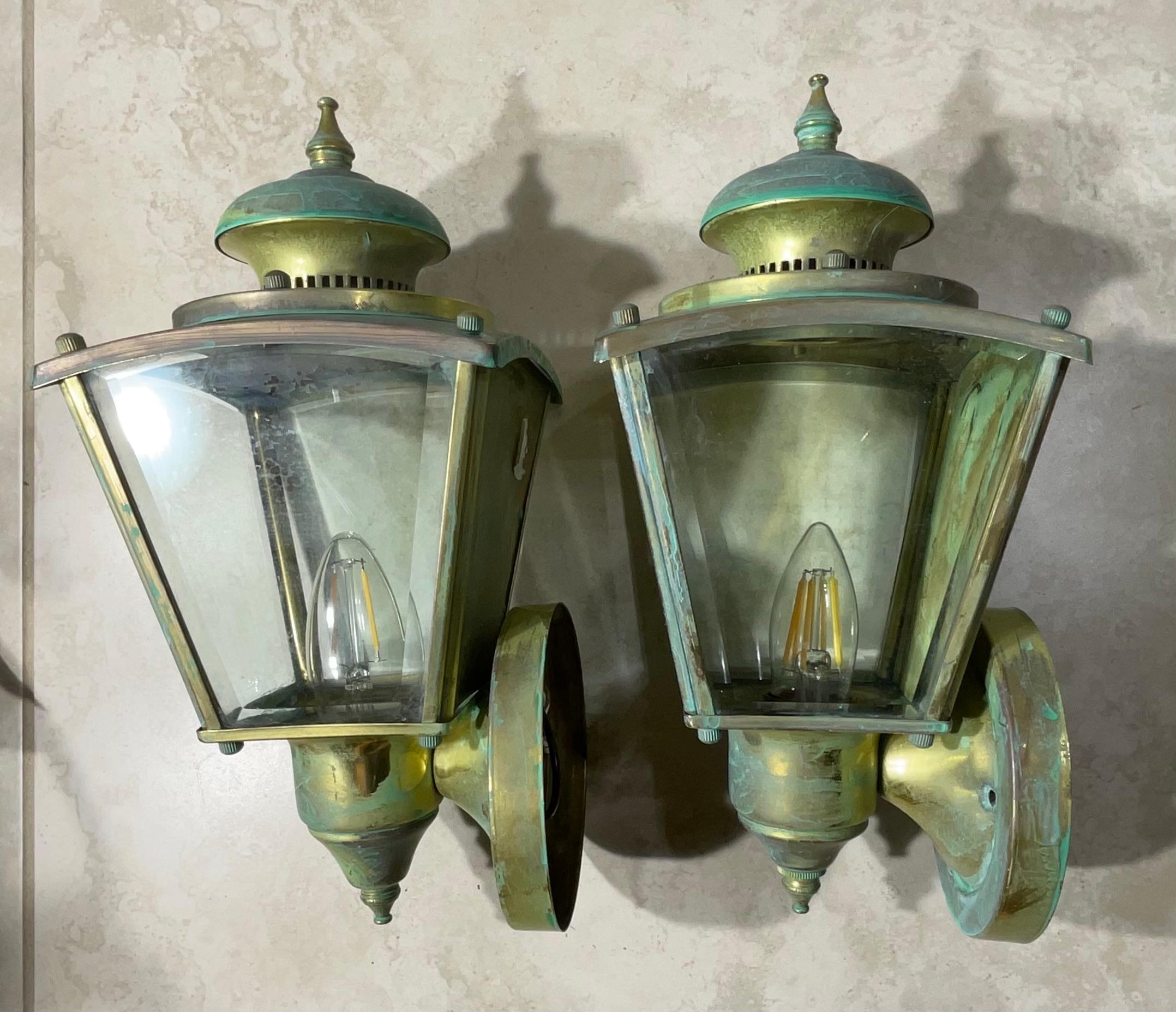 Funky Pair of Vintage Solid Brass Wall Lanterns 5”.75 x 5”.75 x 11”.75 High For Sale 2