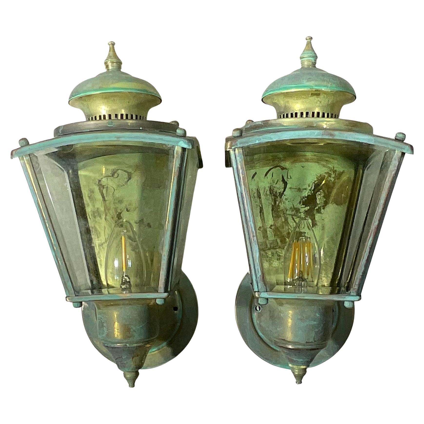 Funky Pair of Vintage Solid Brass Wall Lanterns 5”.75 x 5”.75 x 11”.75 High For Sale