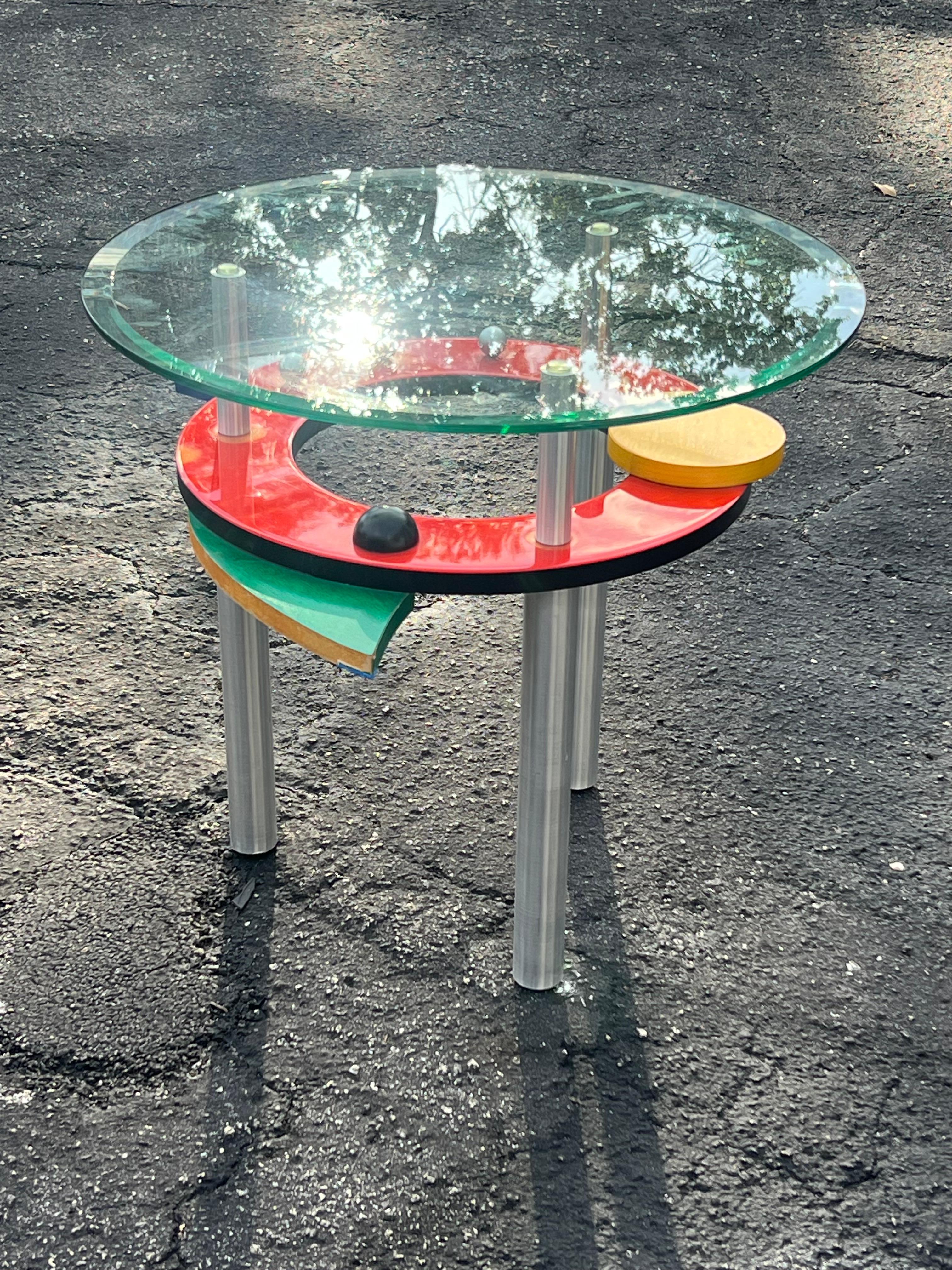 A funky and colorful, side table with glass top, ca' 1990's. Custom made from a doctors' office. Post modern, in the style of Memphis. See the matching coffee table.