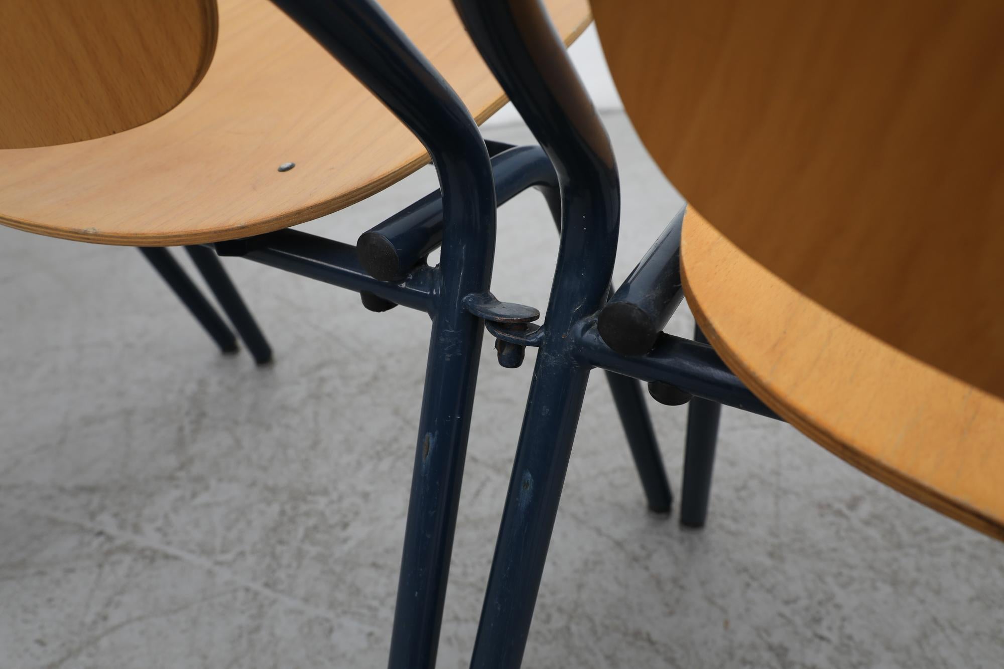 Funky Rounded Birch Stacking Chairs with Blue Enameled Metal Frames 4