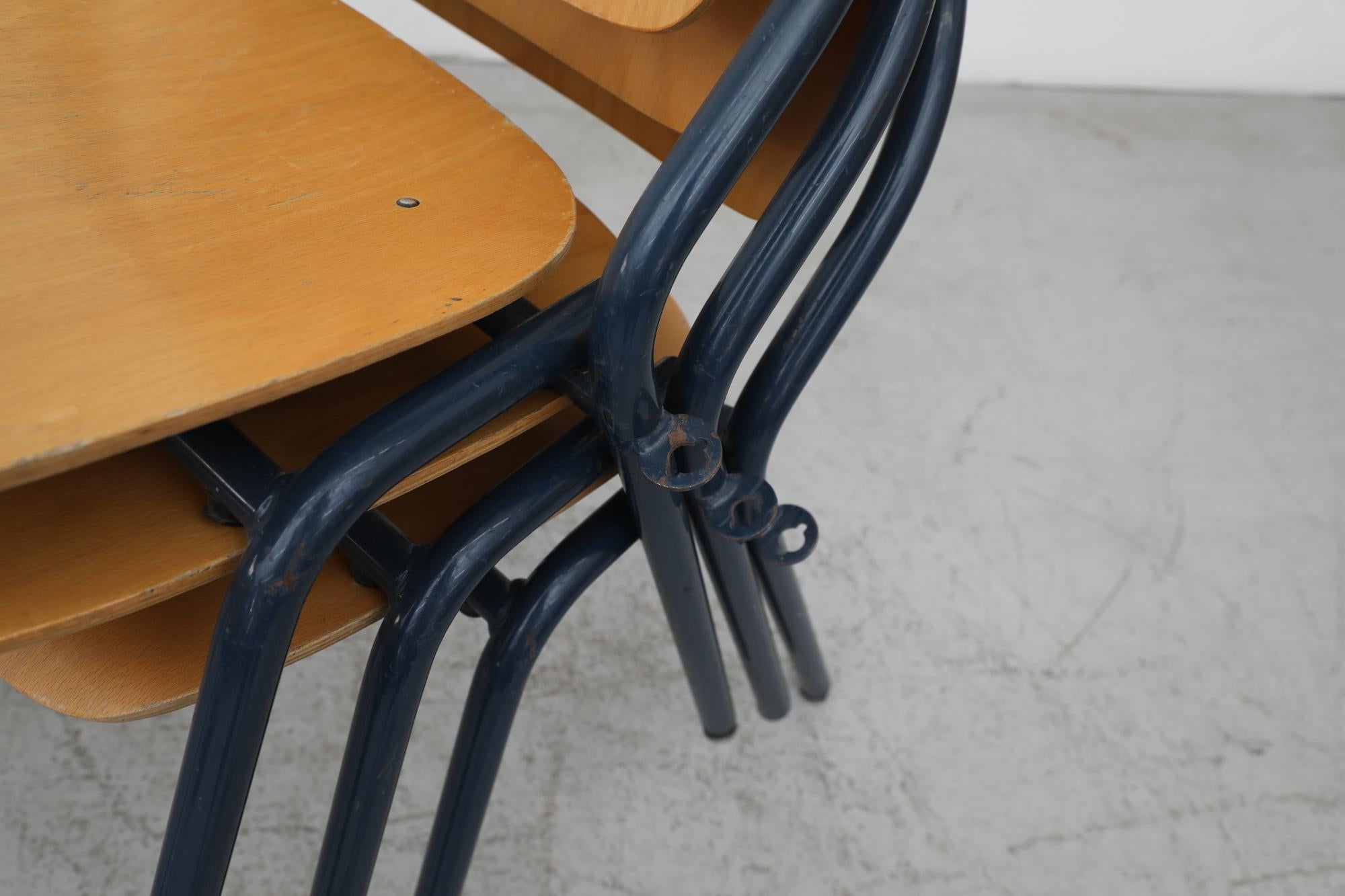 Funky Rounded Birch Stacking Chairs with Blue Enameled Metal Frames 6