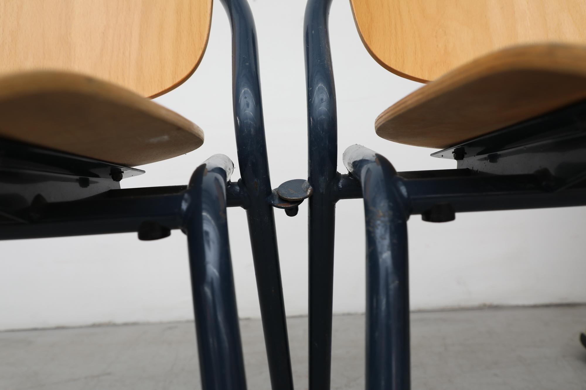 Funky Rounded Birch Stacking Chairs with Blue Enameled Metal Frames 14