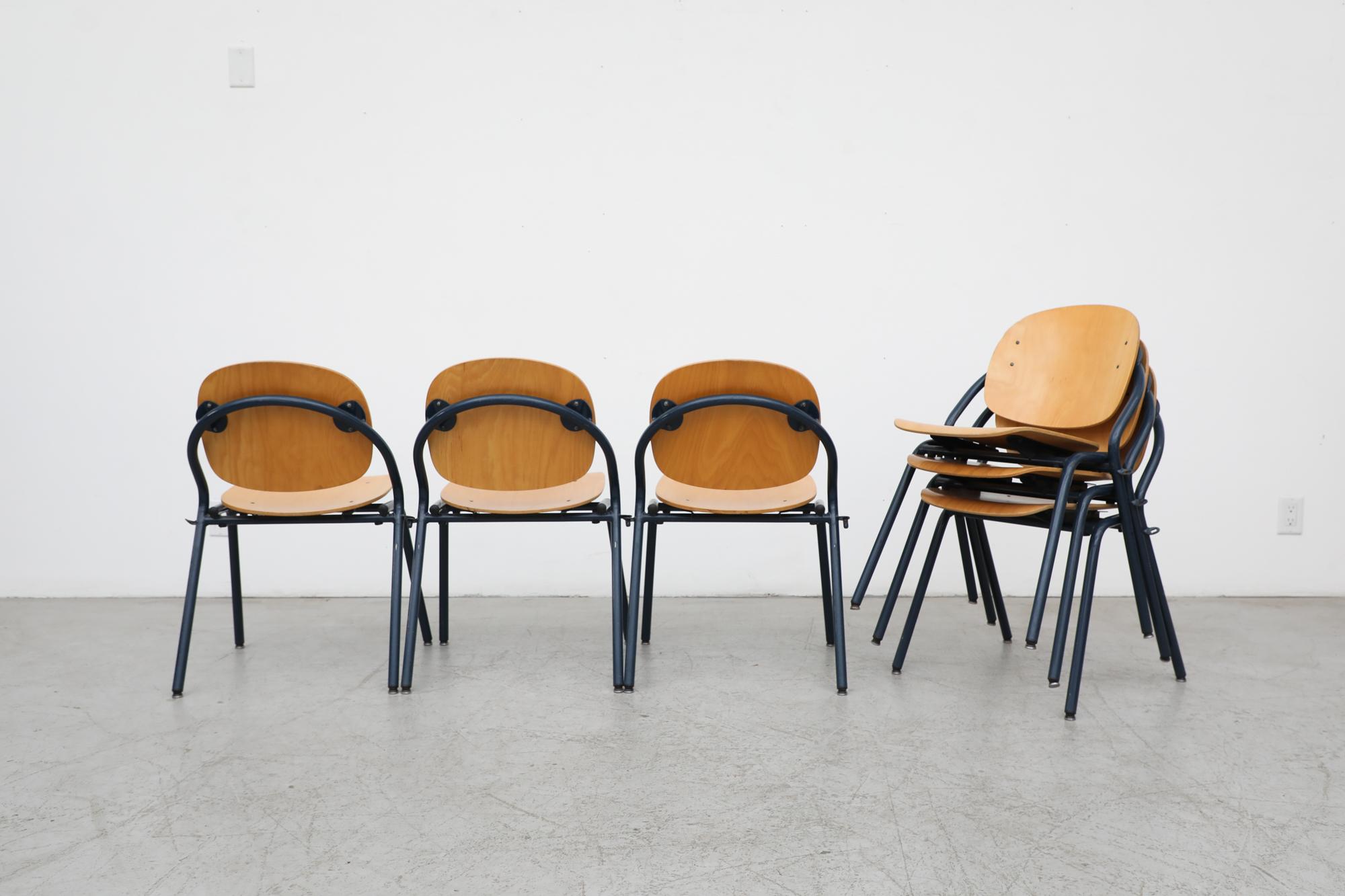 Funky Rounded Birch Stacking Chairs with Blue Enameled Metal Frames In Good Condition In Los Angeles, CA
