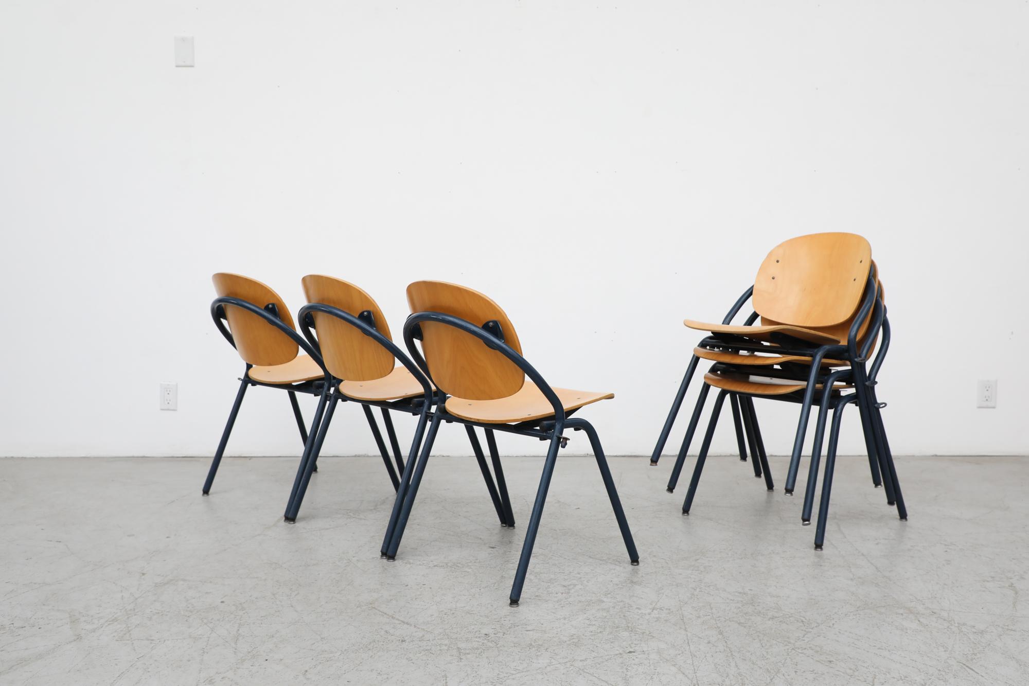 20th Century Funky Rounded Birch Stacking Chairs with Blue Enameled Metal Frames