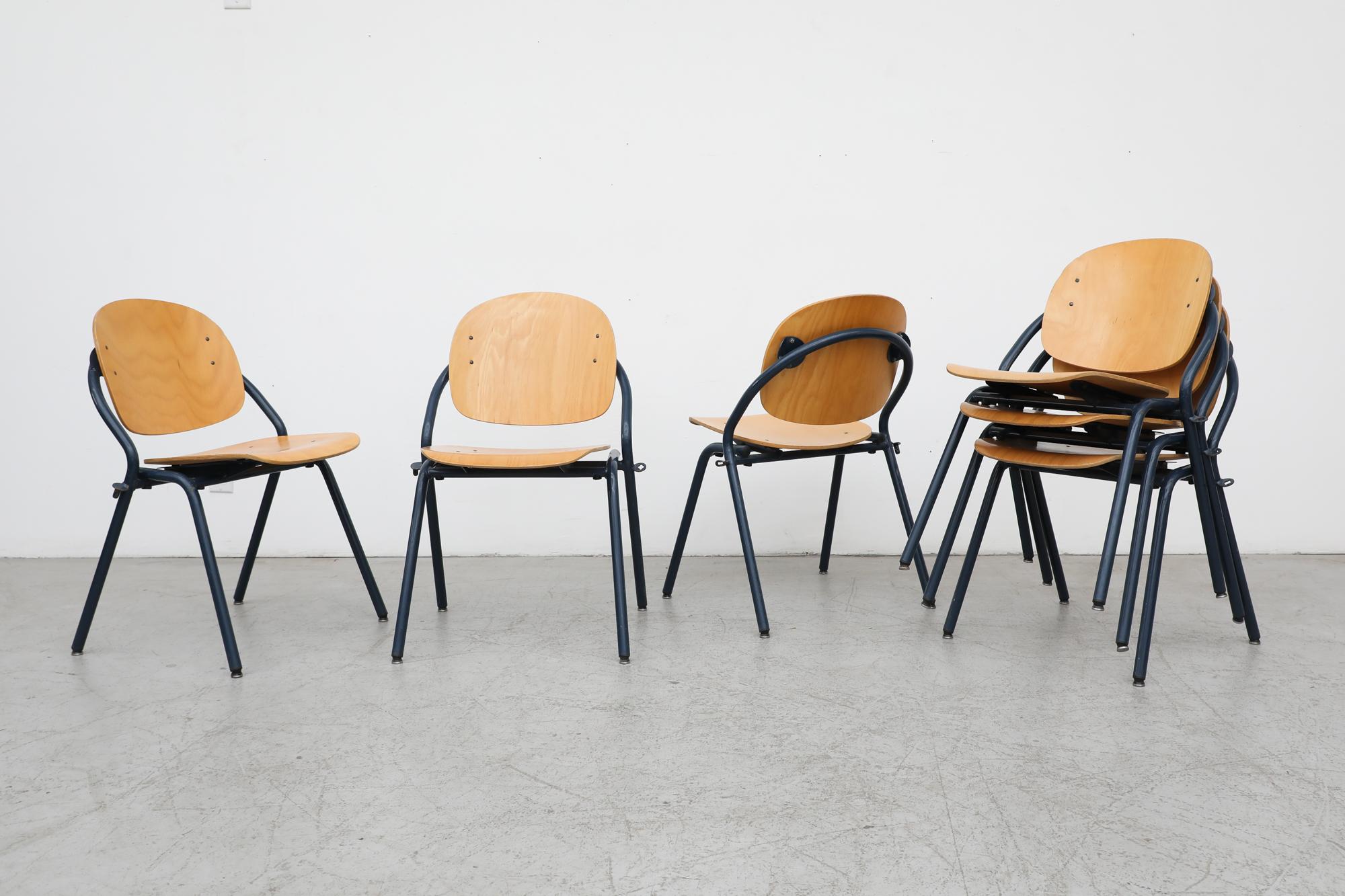 Funky Rounded Birch Stacking Chairs with Blue Enameled Metal Frames 1