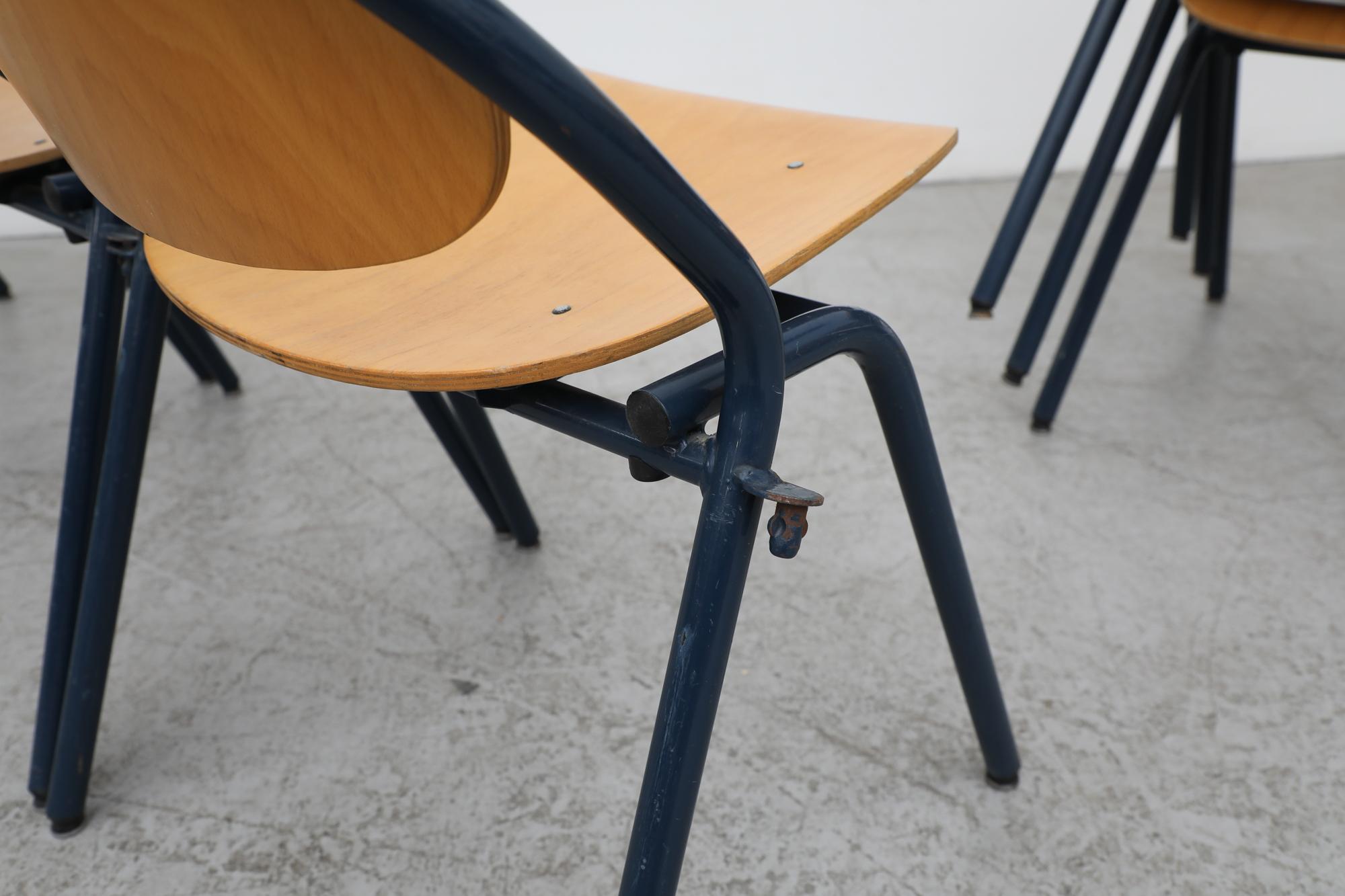 Funky Rounded Birch Stacking Chairs with Blue Enameled Metal Frames 3