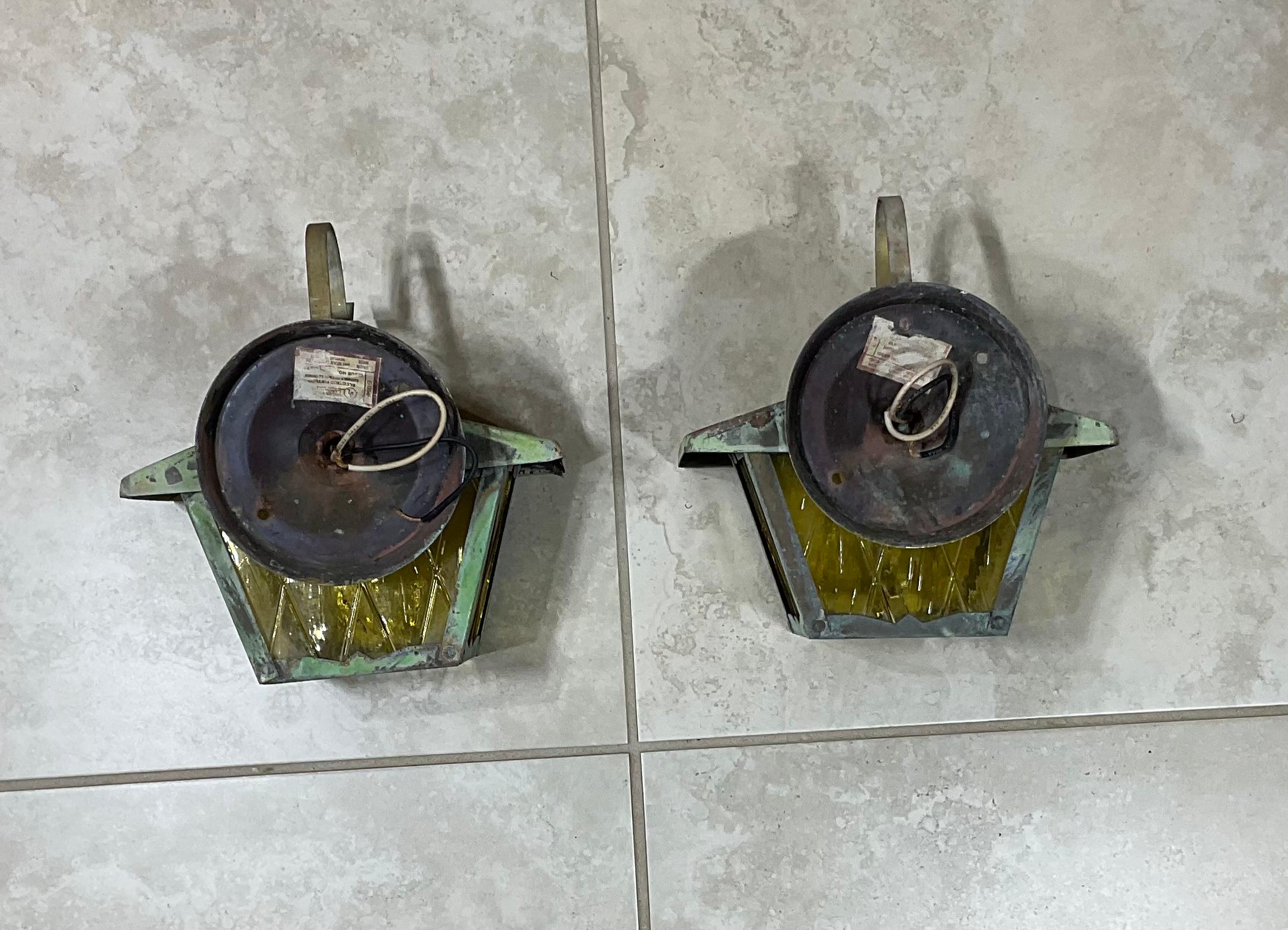 Art Glass Funky Small Pair of Vintage Brass Wall Lantern For Sale