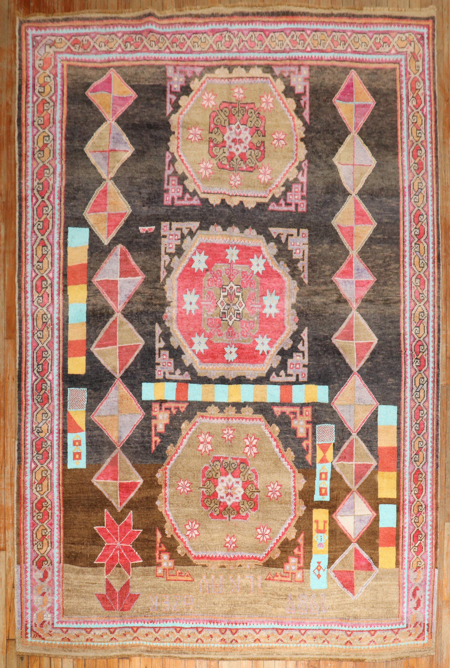 One-of-a-kind Turkish Kars rug with a combination of funky colors and motifs. Dated 1989

Measures: 7'1