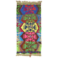 Tapis Kilim plat Funky Turquoise Lime Couleur 20ème siècle tissé à plat