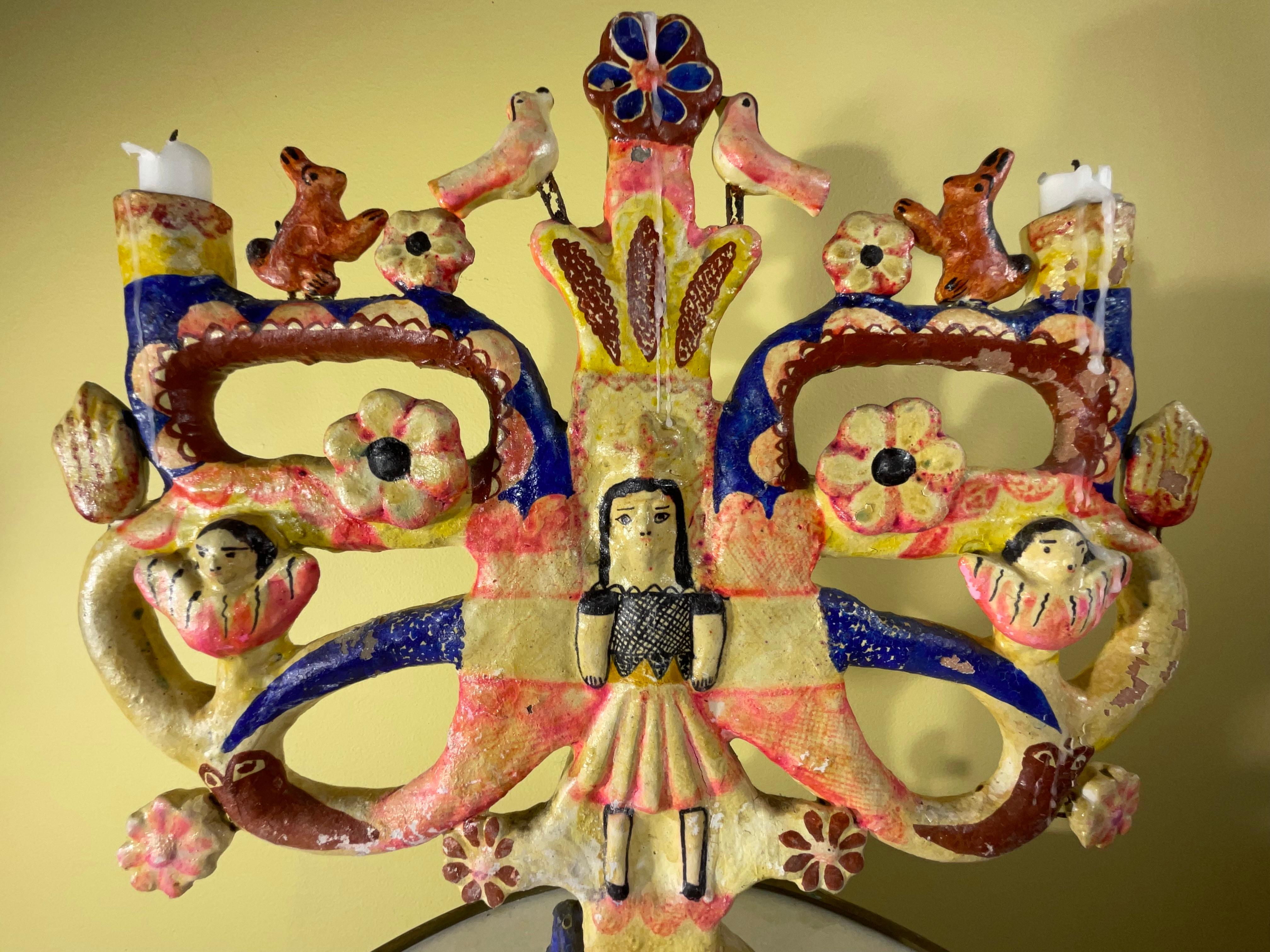 Beautiful Vintage hand painted ceramic candelabra , made in the state of Puebla, Mexico. The traditional 
