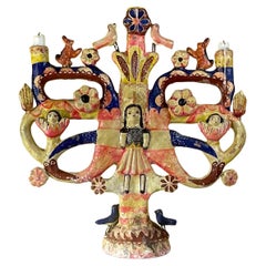 Funky Antique  Colourful Mexican Folk Art Candelabra Ceramic Clay