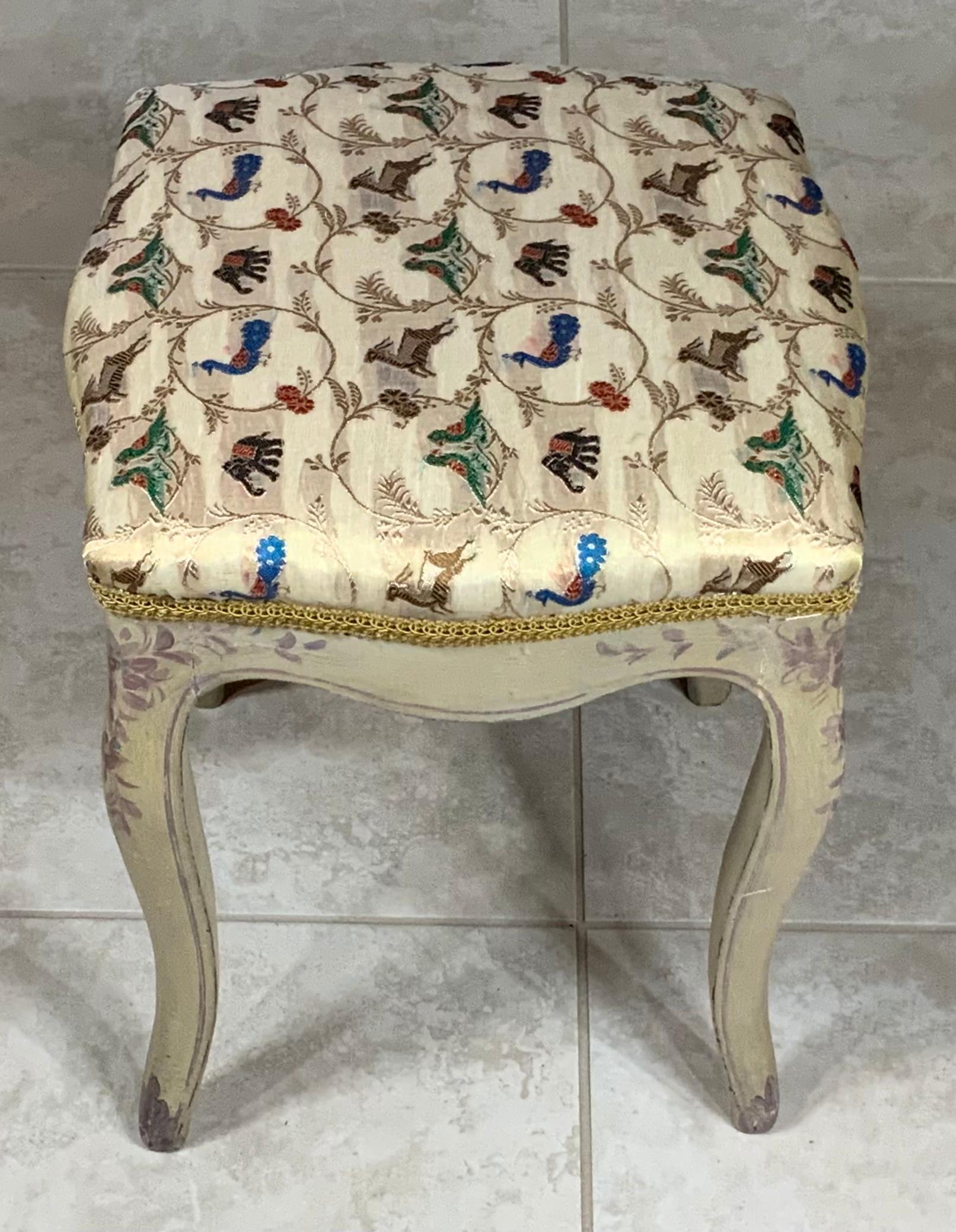 Decorative stool made of carved wood, hand painted , newly upholster with beautiful vintage hand loom silk - organza Textile .great decorative item for any room.