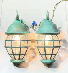Funky Vintage Pair of Solid Brass Verdigris Wall Lanterns - 14”H x 7” W x 8”.5 D