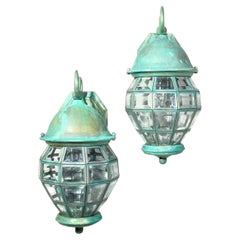 Funky Vintage Pair of Solid Brass Verdigris Wall Lanterns - 14”H x 7” W x 8”.5 D