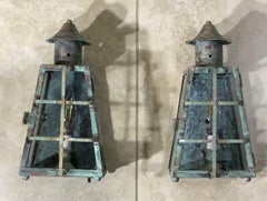 Funky Vintage Pair of Solid Patinated Brass Wall Lanterns
