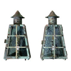 Funky Vintage Pair of Solid Patinated Brass Wall Lanterns