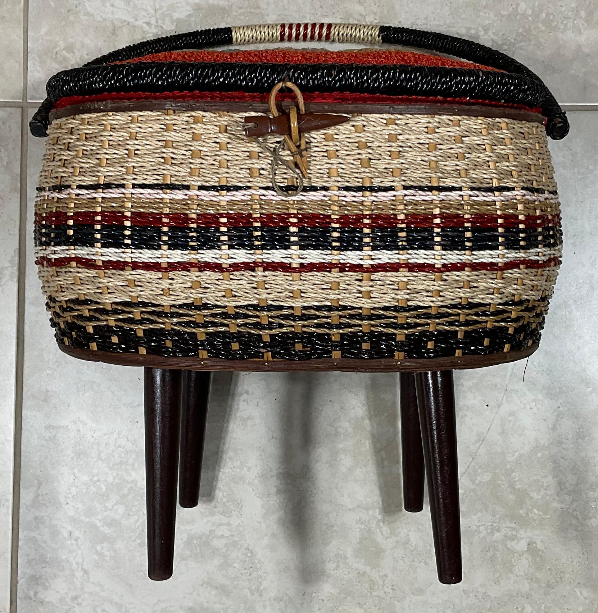 Raffia Funky Vintage Sewing Basket, Mid-Century Design For Sale