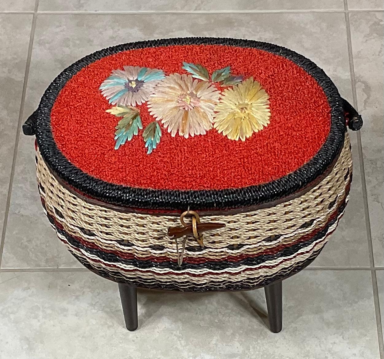 Lovely sewing kit made of hand painted rattan, the top is decorated artistically with floral raffia work. Inside include plastic try and nice upholstered storage compartment. 
Exceptional decoration for any room.
 