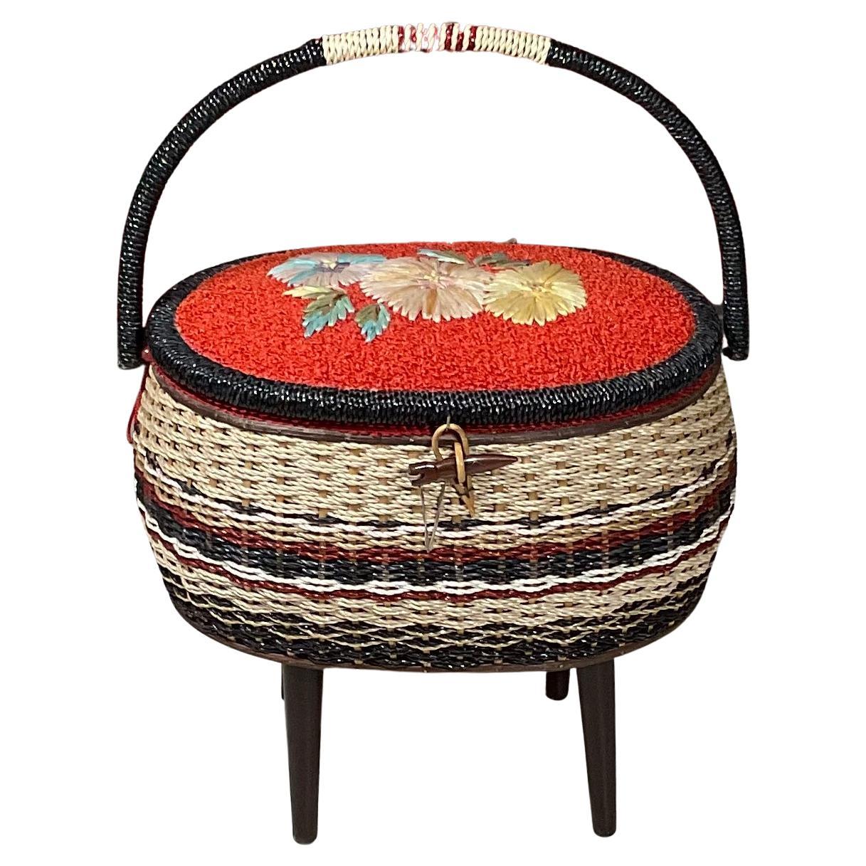 Funky Vintage Sewing Basket, Mid-Century Design For Sale