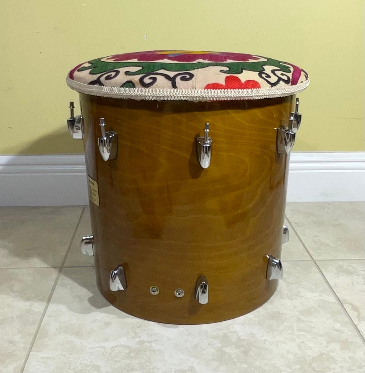 Funky Vintage Suzani Upholstered Drum Wood Stool For Sale 3