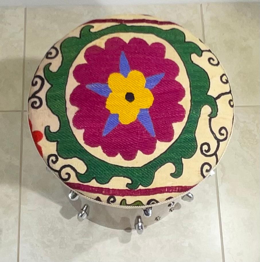 Funky Vintage Suzani Upholstered Drum Wood Stool For Sale 5