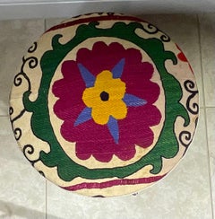 Funky Vintage Suzani Upholstered Drum Wood Stool