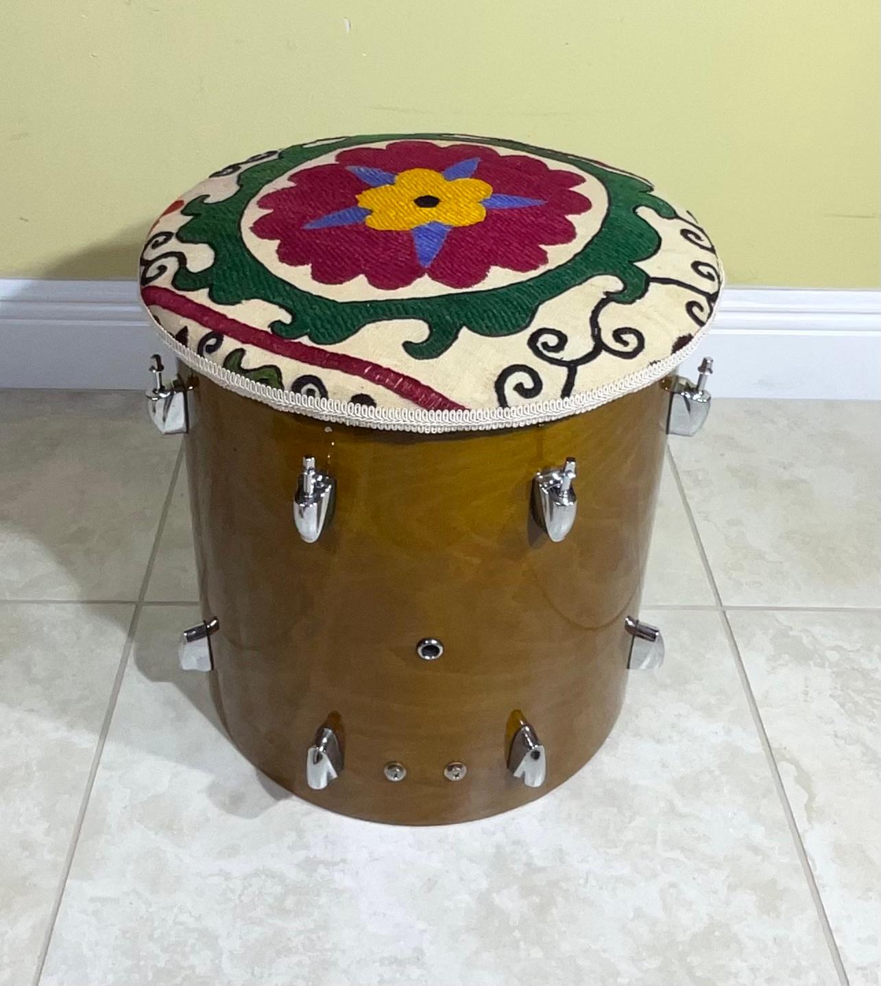 Embroidered Funky Vintage Suzani Upholstered Drum Wood Stool For Sale