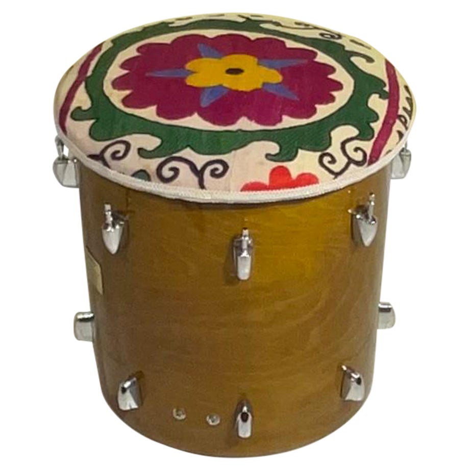 Funky Vintage Suzani Upholstered Drum Wood Stool