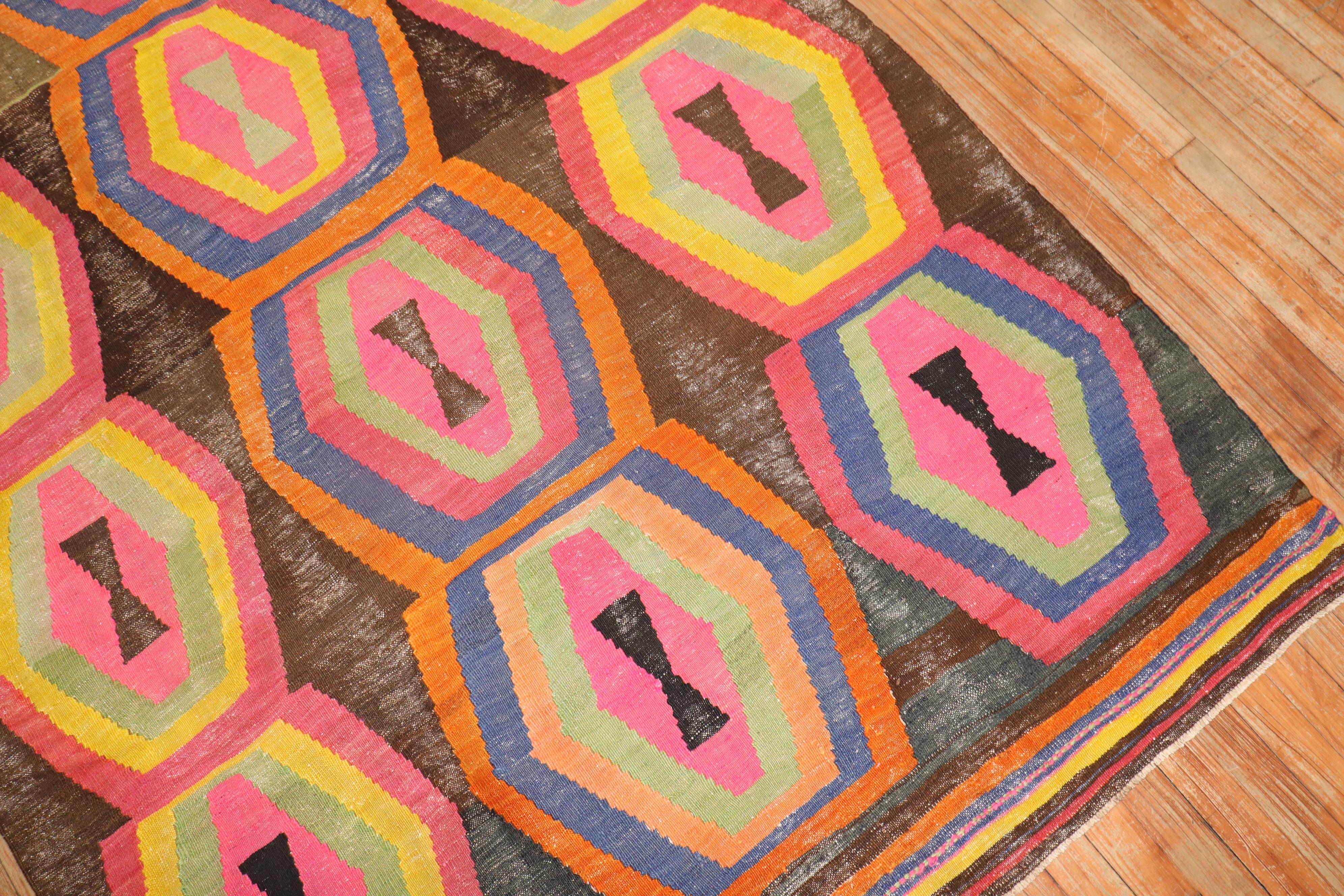 Hand-Knotted Funky Vintage Turkish Gallery Size Kilim  For Sale