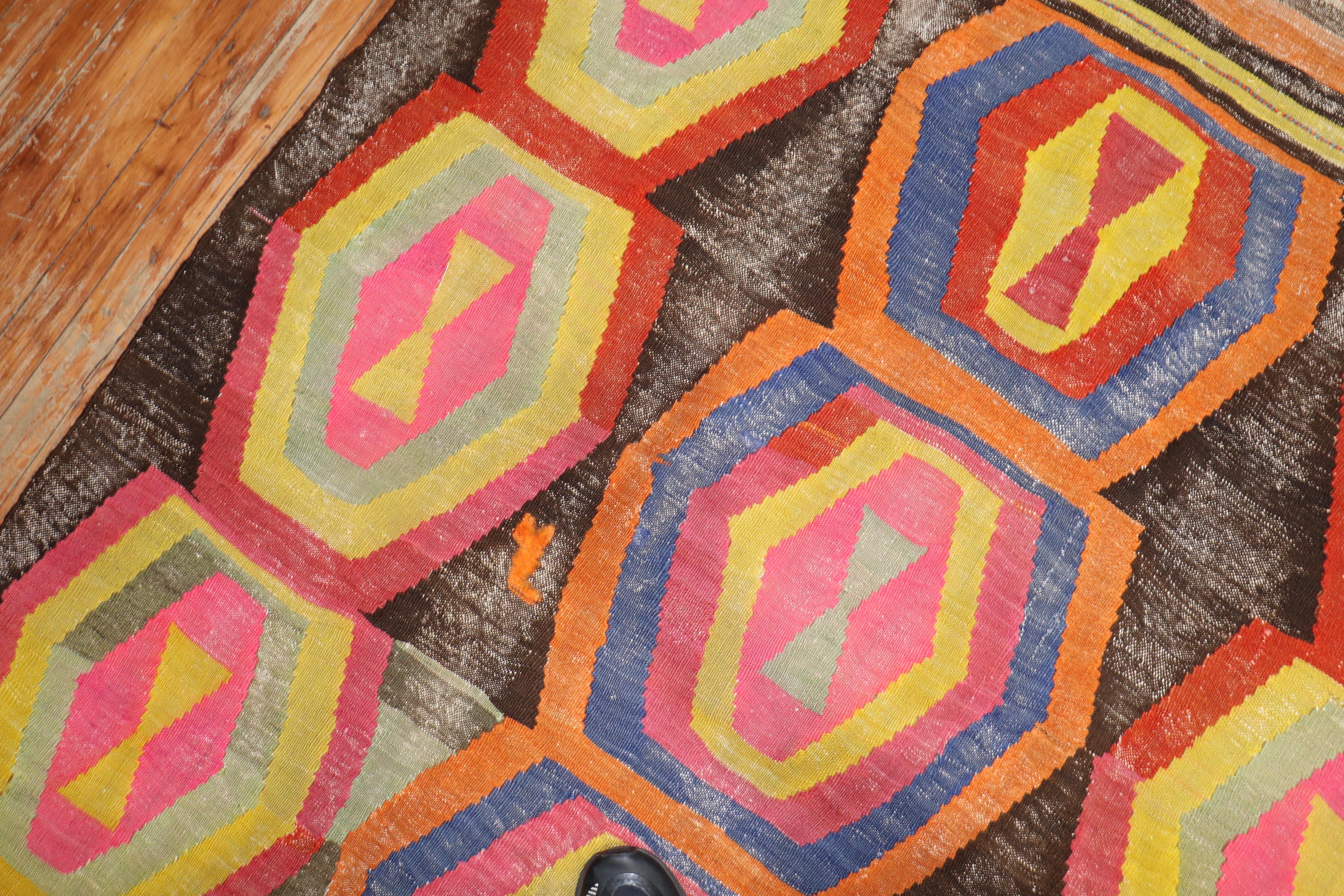 20th Century Funky Vintage Turkish Gallery Size Kilim  For Sale