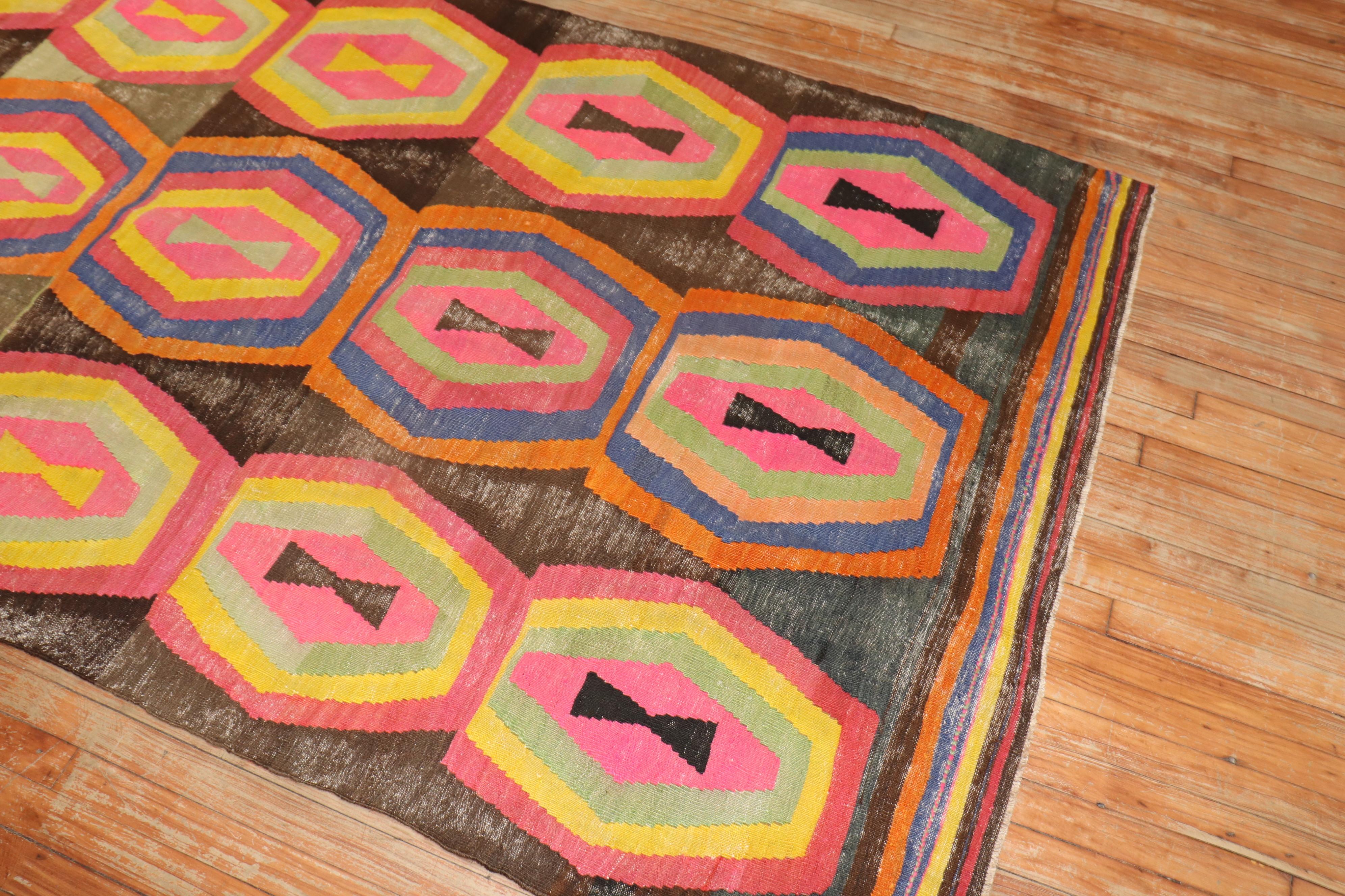 Wool Funky Vintage Turkish Gallery Size Kilim  For Sale