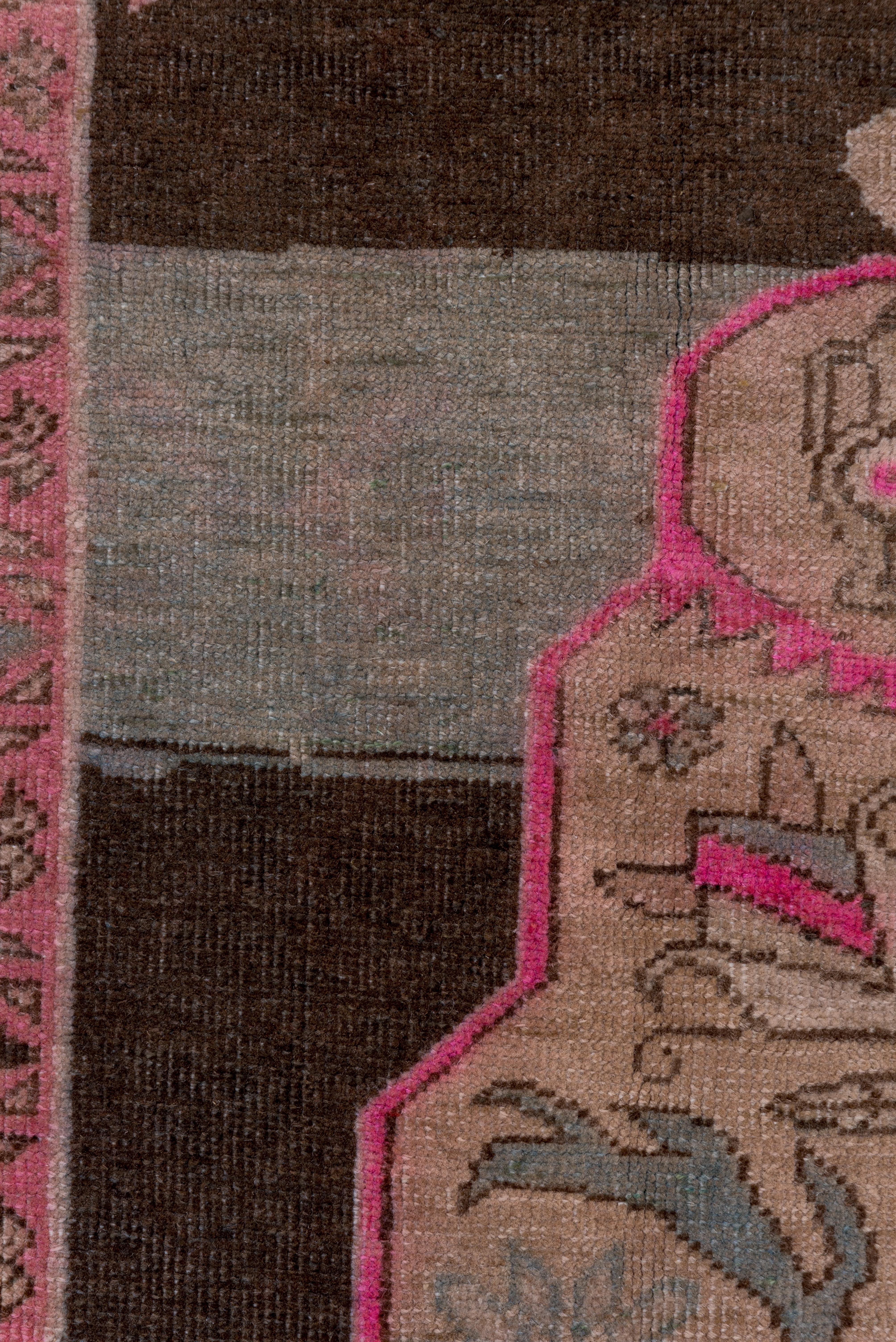 Funky Vintage Turkish Kars Gallery Rug, Hot Pink Accents, Brown & Grey Field For Sale 3