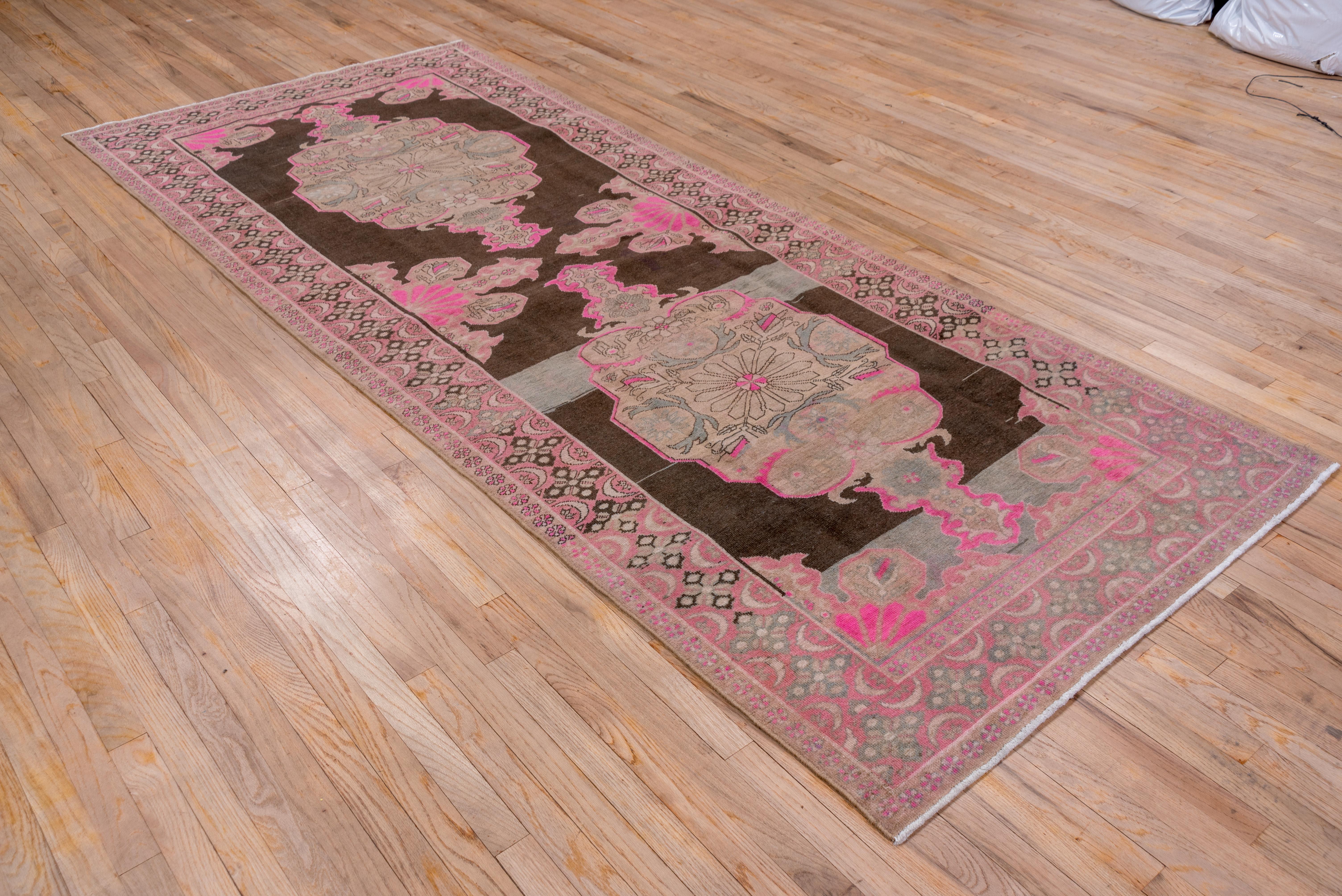 Bohemian Funky Vintage Turkish Kars Gallery Rug, Hot Pink Accents, Brown & Grey Field For Sale
